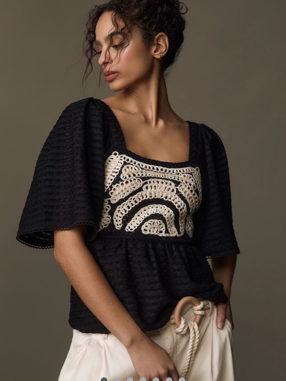Anthropologie Black Blouse with Cream Crochet Panel